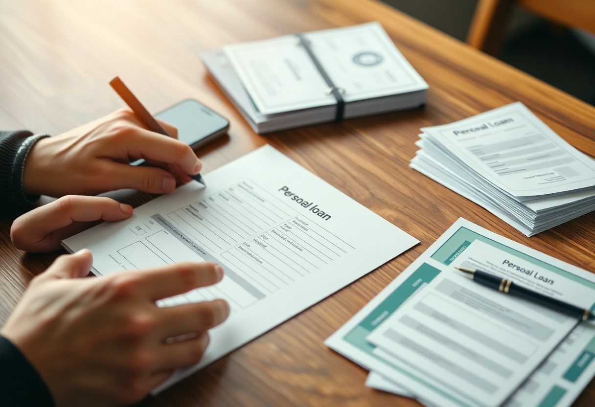 A person fills out a personal loan application form at a wooden table, surrounded by stacks of similar forms, a smartphone, and a pen.