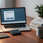 A laptop displaying a personal application form sits on a wooden desk with a calculator, a stack of magazines labeled “Personal,” “Loan,” and “Debt Consolidation,” a potted plant, and a coffee cup.