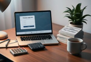A laptop displaying a personal application form sits on a wooden desk with a calculator, a stack of magazines labeled “Personal,” “Loan,” and “Debt Consolidation,” a potted plant, and a coffee cup.