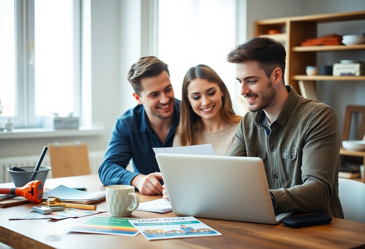 Three people sit at a table with a laptop and documents. One person shows papers to a smiling couple. The table has brochures, a pen, and a coffee cup. Bright window light fills the modern room.