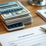 A stack of hundred-dollar bills placed on a calculator, with another calculator nearby. In the foreground, there is a partially filled loan application form and a pen, all set on a wooden desk.