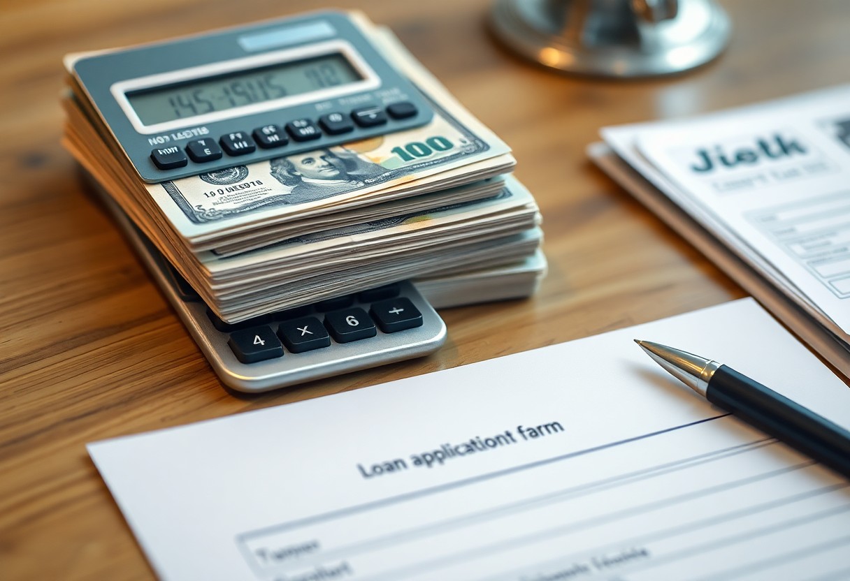 A stack of hundred-dollar bills placed on a calculator, with another calculator nearby. In the foreground, there is a partially filled loan application form and a pen, all set on a wooden desk.