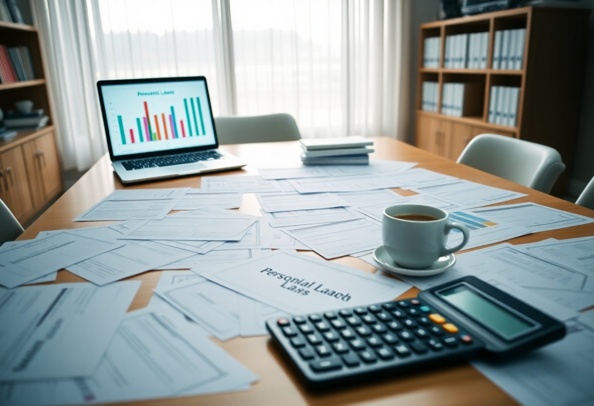A conference table covered with documents, a calculator, and a cup of coffee. A laptop displaying a bar graph is open in the background. Shelves with binders and window blinds are also visible.
