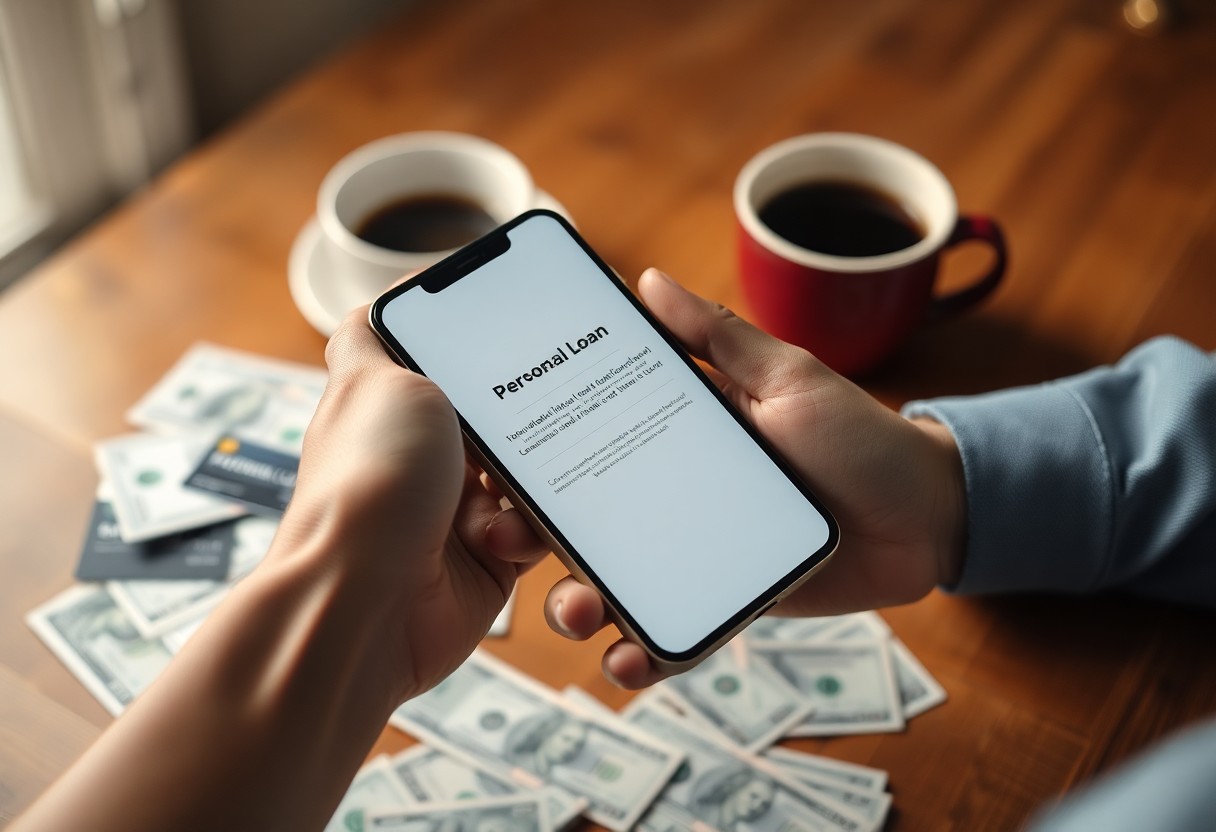 A person holds a smartphone displaying a personal loan application. On the table are scattered US dollar bills, credit cards, and two cups of coffee, suggesting a financial discussion or decision-taking process.