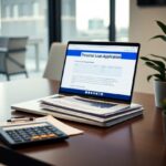 A laptop displaying a personal loan application form sits on a desk next to a calculator, a pen, and a stack of documents in a modern office setting with large windows and potted plants.