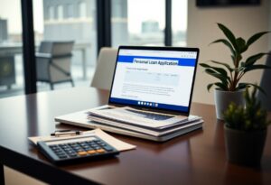A laptop displaying a personal loan application form sits on a desk next to a calculator, a pen, and a stack of documents in a modern office setting with large windows and potted plants.