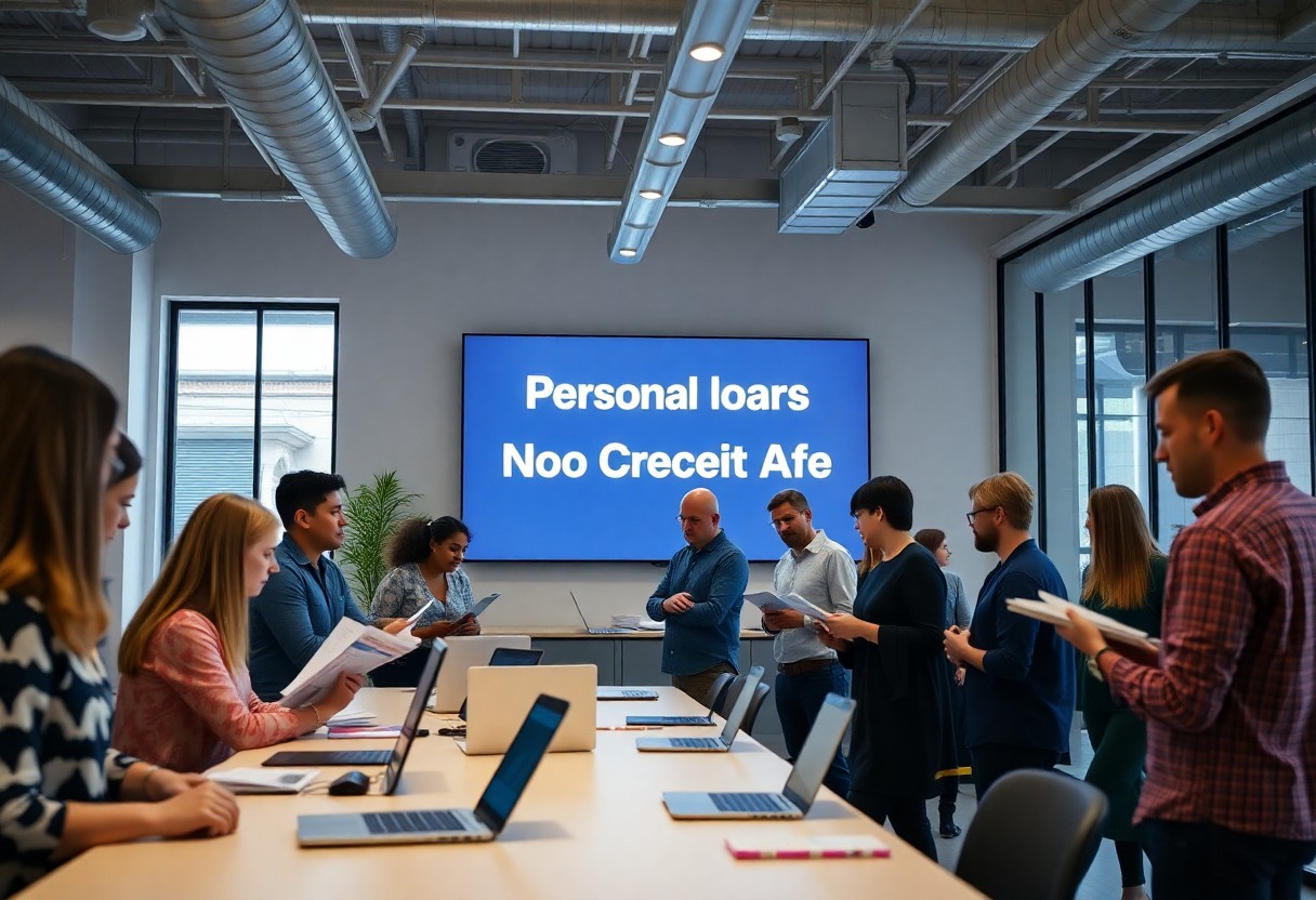 A group of people stand and talk around a conference table with open laptops. A large screen behind them displays the phrase “Personal loars Noo Creceit Afe” in white text on a blue background.