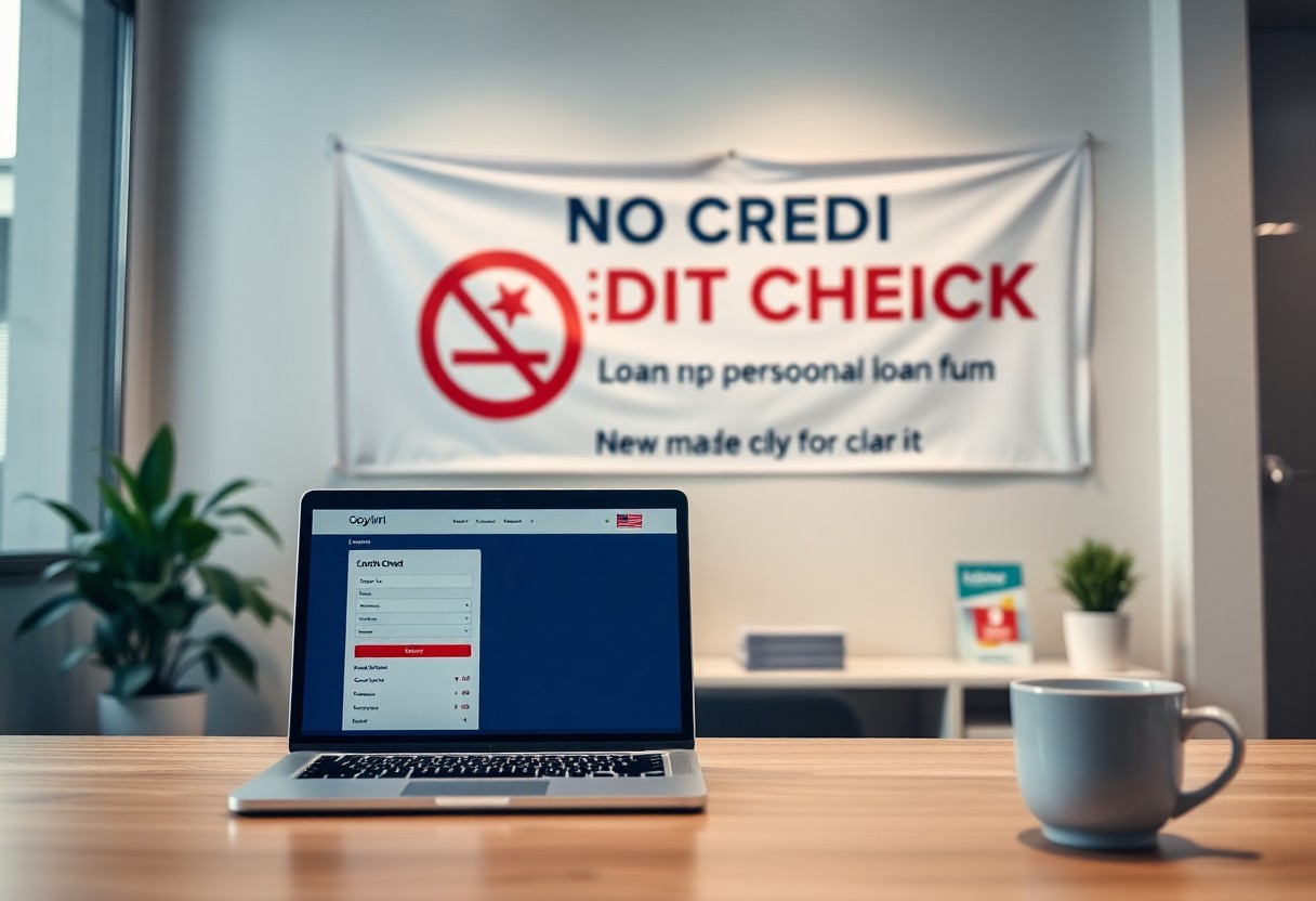 A laptop displaying a loan application website sits on a desk with a coffee cup in an office. Behind, a banner with spelling errors reads, “NO CREDI DIT CHEICK. Loan np personal loan fumn. New mate cly for clar it.”.