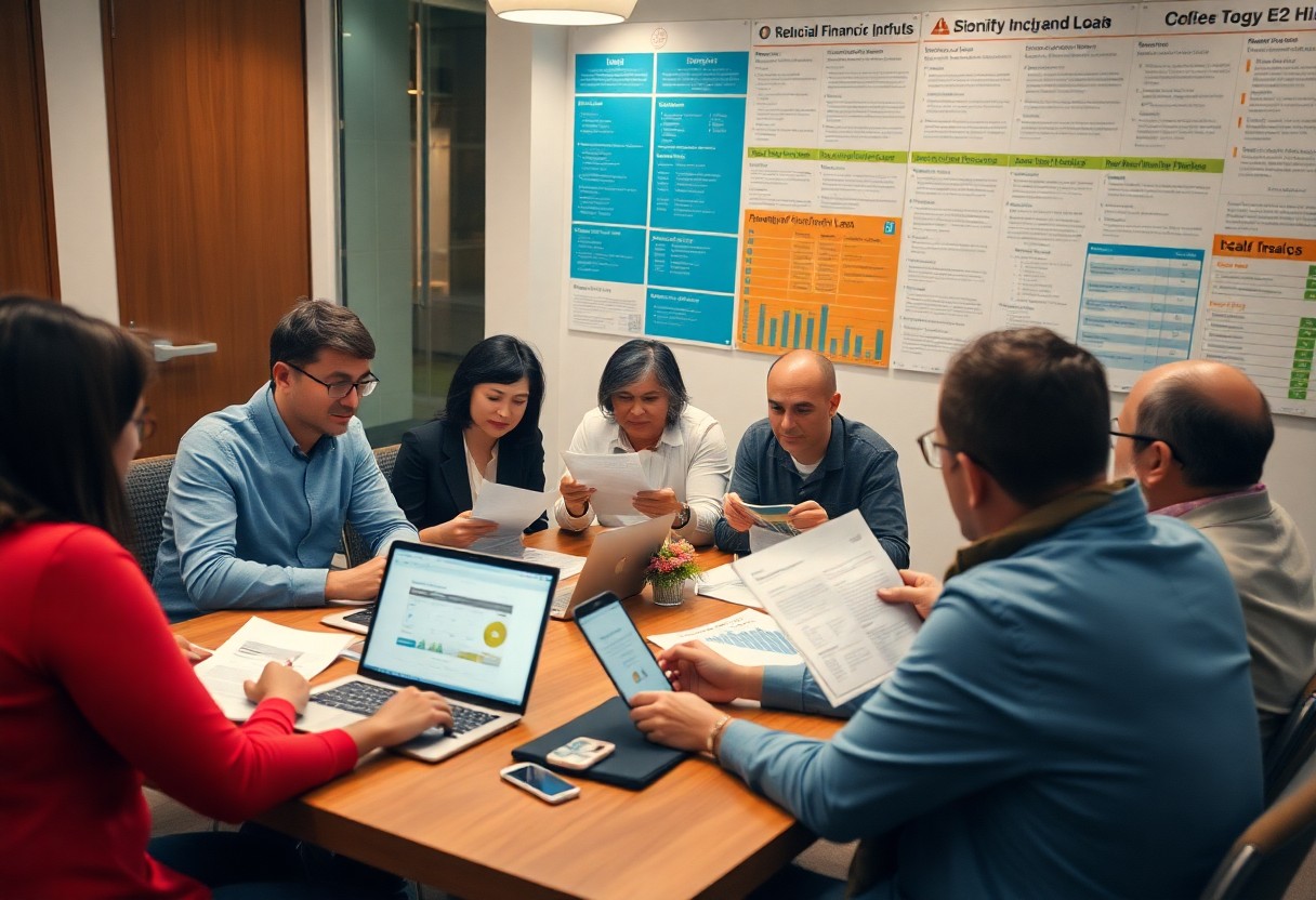 Six people sit around a conference table reviewing documents and laptops, in a modern office meeting room. Large charts and diagrams are displayed on the wall behind them.