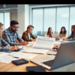 A group of professionals sit around a conference table in a modern office, reviewing documents and using laptops during a meeting.