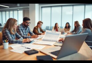 A group of professionals sit around a conference table in a modern office, reviewing documents and using laptops during a meeting.