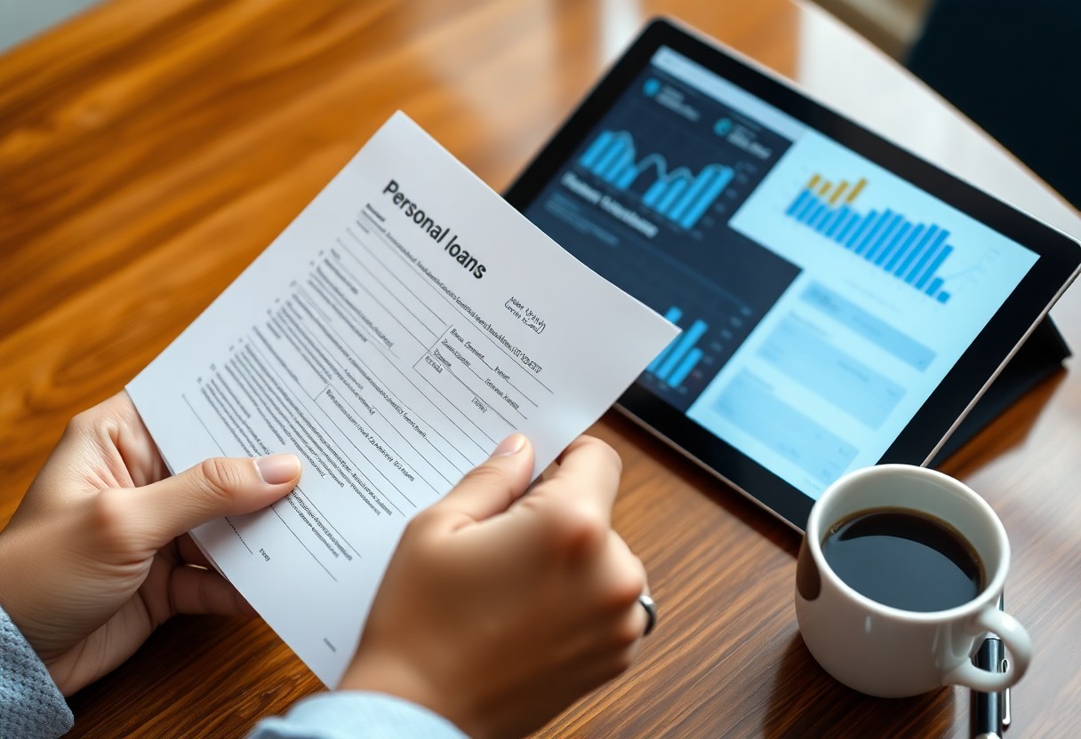A person holding a personal loans application form sits at a desk with a tablet displaying financial charts and a cup of coffee.