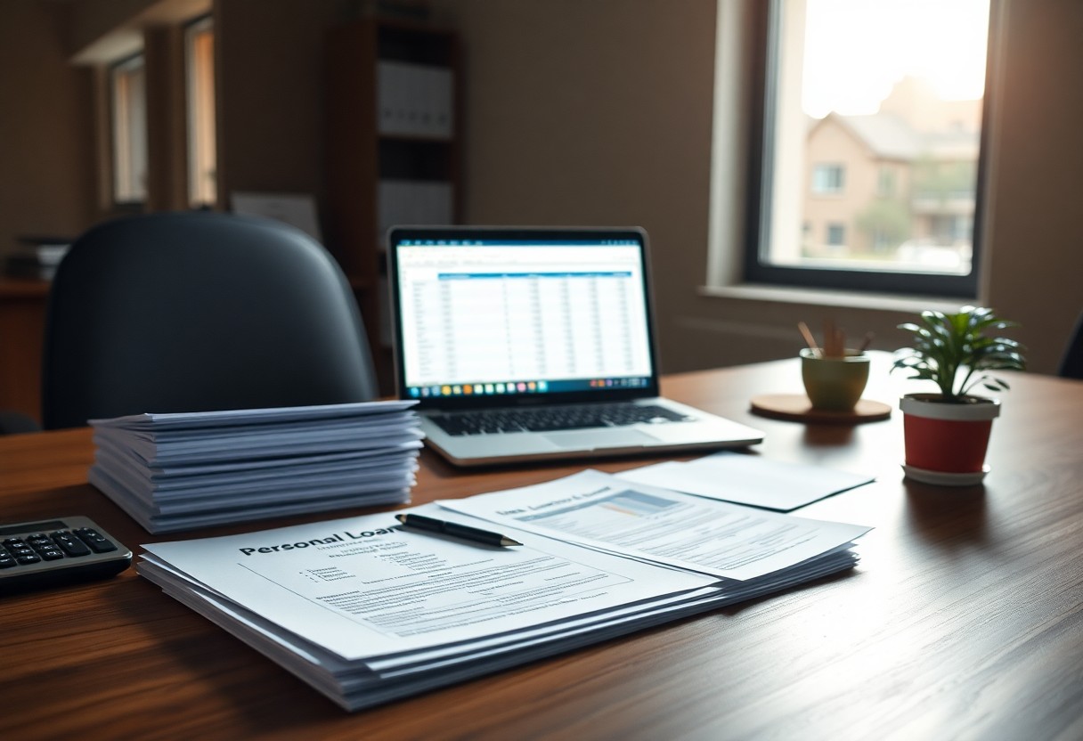 A desk with stacks of documents labeled “Personal Loan,” a pen, a laptop displaying a spreadsheet, a calculator, and two small potted plants, set in an office with a window in the background.