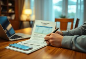A person sits at a table signing a personal loan agreement document. A smartphone and an open laptop are on the table. The setting appears to be a home or office, with blurred background furniture and window.