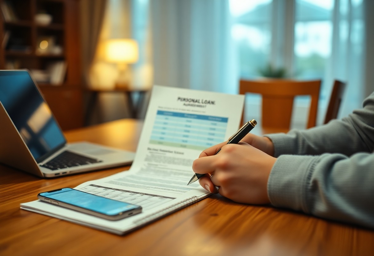 A person sits at a table signing a personal loan agreement document. A smartphone and an open laptop are on the table. The setting appears to be a home or office, with blurred background furniture and window.