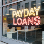 A storefront with large neon letters reading "PAYDAY LOANS" in the window offers financial choices. Inside, desks, chairs, and stacks of bills are visible, with reflections of nearby buildings and people seen in the glass.