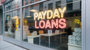 A storefront with large neon letters reading "PAYDAY LOANS" in the window offers financial choices. Inside, desks, chairs, and stacks of bills are visible, with reflections of nearby buildings and people seen in the glass.