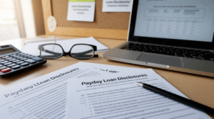 A desk with payday loan disclosures, a pen, glasses, a calculator, and an open laptop displaying a chart. A corkboard with pinned papers is visible in the background, suggesting a detailed loan guide at work.