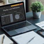 A laptop on a desk displays a “Payday Loan Refinance” dashboard with charts and tables, alongside documents, a coffee cup, calculator, notebook, pen, and a small potted plant—perfect for using Payday Loan Refinance Calculators.