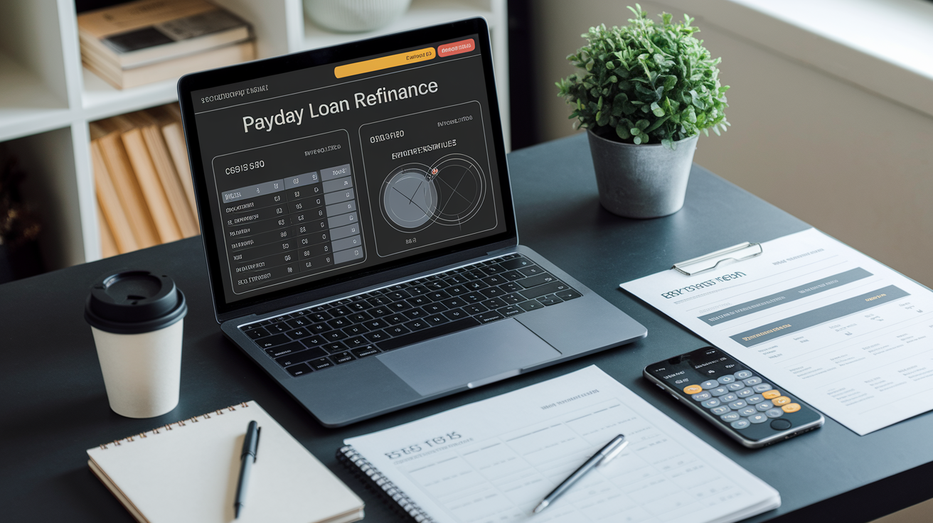 A laptop on a desk displays a “Payday Loan Refinance” dashboard with charts and tables, alongside documents, a coffee cup, calculator, notebook, pen, and a small potted plant—perfect for using Payday Loan Refinance Calculators.