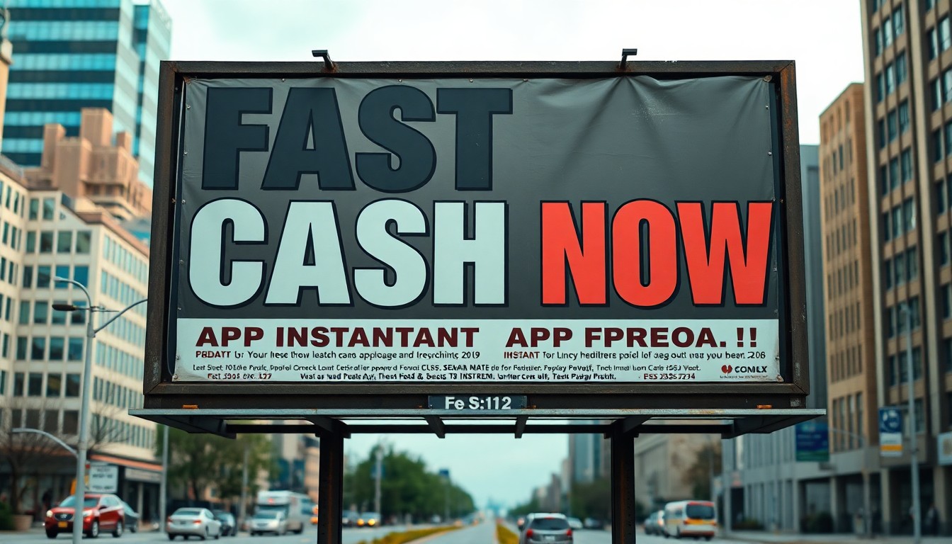 A large roadside billboard in a city displays the payday loan slogan “FAST CASH NOW” in bold, with smaller text below about instant app loans. Tall buildings and cars are visible on both sides of the street in the background.