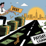 An illustrated man with broken chains steps onto stacks of cash labeled "DEBT" on a road toward a city skyline, symbolizing financial freedom. Money, calculators, a sign reading "PAYDAY LOAN," and a piggy bank surround the scene.