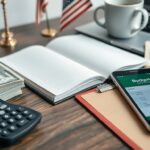 A desk with a stack of hundred-dollar bills, calculator, budget notebook, phone displaying a budgeting app, clipboard, coffee cup, laptop, documents, and two small US flags.