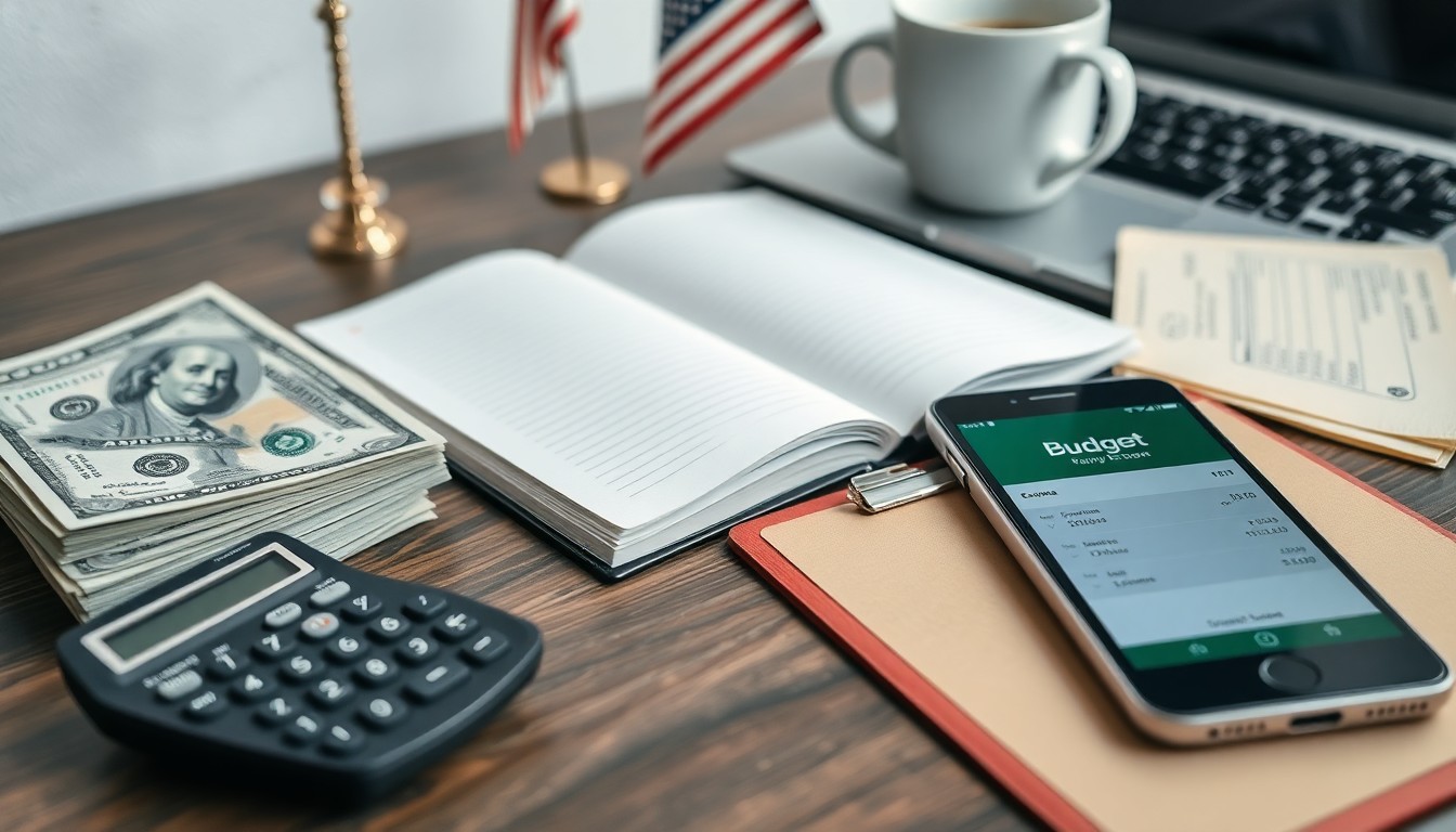 A desk with a stack of hundred-dollar bills, calculator, budget notebook, phone displaying a budgeting app, clipboard, coffee cup, laptop, documents, and two small US flags.