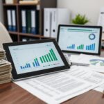 A desk with financial documents, a stack of cash, a tablet and a laptop displaying bar and pie charts, and office folders in the background. The scene suggests using advanced strategies to maximize benefits during financial analysis or business planning.