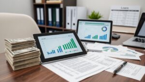 A desk with financial documents, a stack of cash, a tablet and a laptop displaying bar and pie charts, and office folders in the background. The scene suggests using advanced strategies to maximize benefits during financial analysis or business planning.