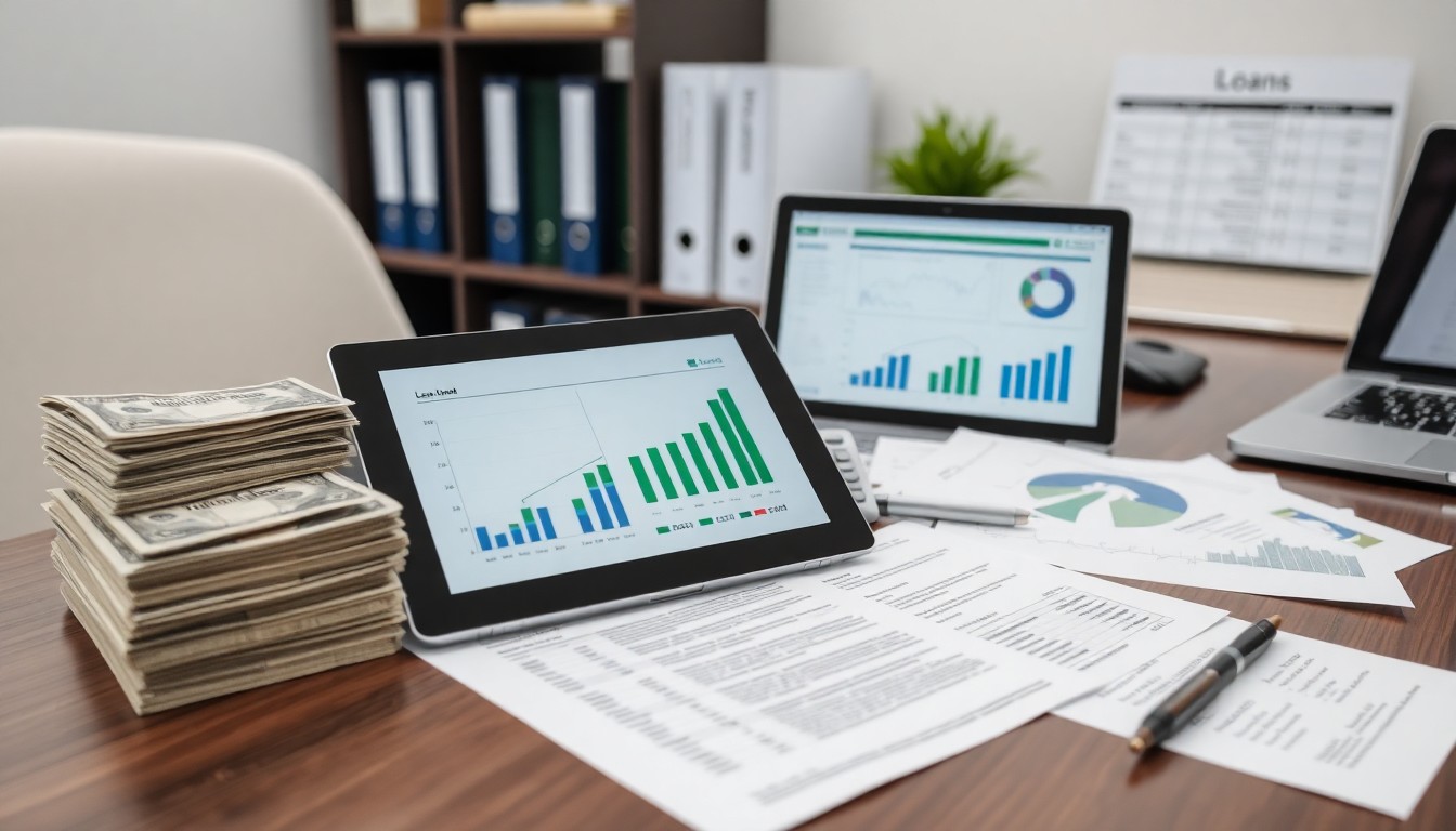 A desk with financial documents, a stack of cash, a tablet and a laptop displaying bar and pie charts, and office folders in the background. The scene suggests using advanced strategies to maximize benefits during financial analysis or business planning.
