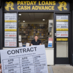 A person holds a contract showing high interest rates and loan amounts in front of a US payday loans store, with a worker visible inside and signage advertising quick cash advances in the background.