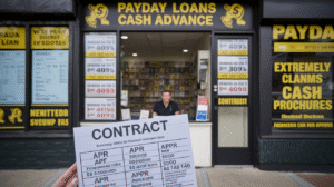 A person holds a contract showing high interest rates and loan amounts in front of a US payday loans store, with a worker visible inside and signage advertising quick cash advances in the background.