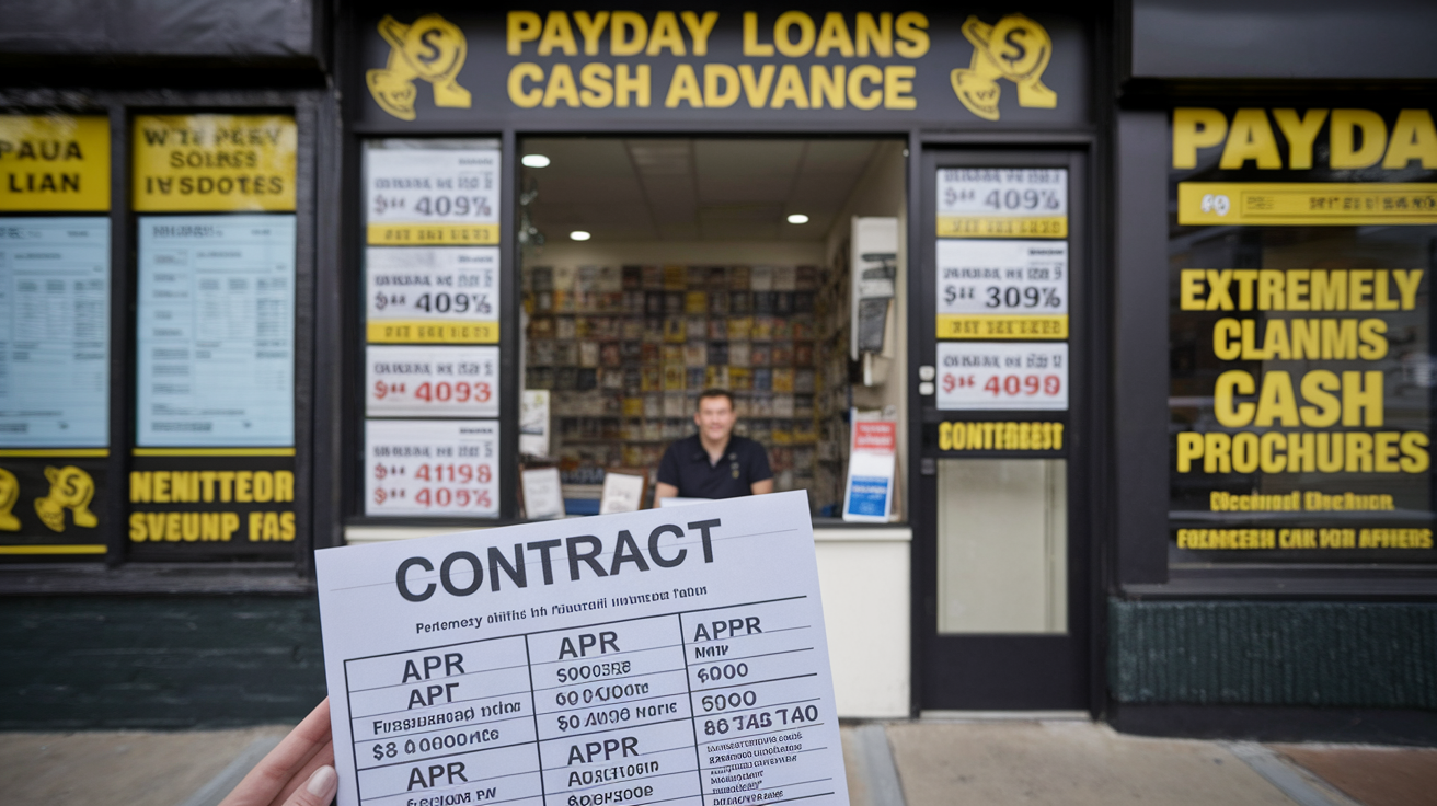 A person holds a contract showing high interest rates and loan amounts in front of a US payday loans store, with a worker visible inside and signage advertising quick cash advances in the background.