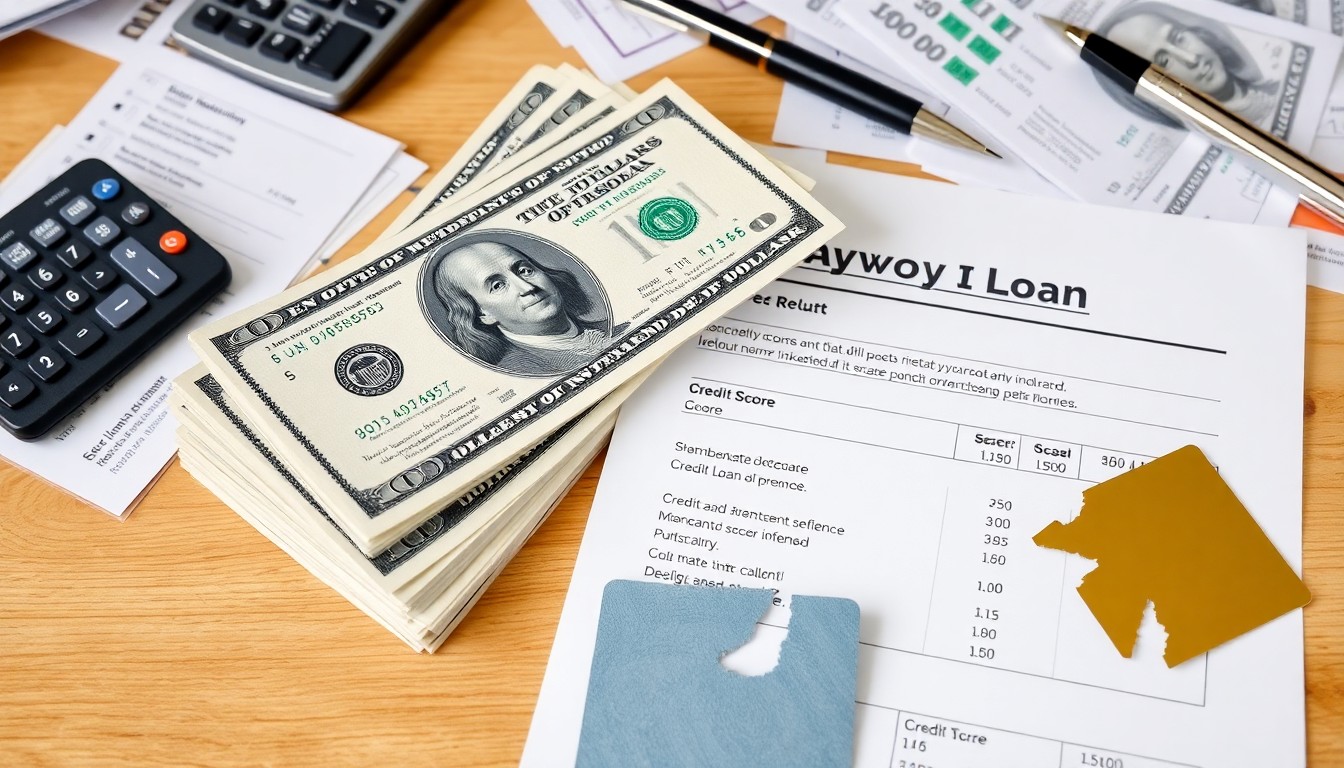 A stack of hundred-dollar bills, a calculator, a pen, broken credit cards, and financial documents—including a loan agreement and US credit scores sheet—are spread out on a wooden table, hinting at payday loans or debt concerns.