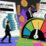 An illustrated essential guide on payday loans shows a man approaching a "Payday Loans" document, stacked cash, another man with a loan contract, coins, dollar bills, and a gauge indicating poor credit building.