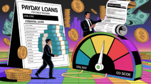 An illustrated essential guide on payday loans shows a man approaching a "Payday Loans" document, stacked cash, another man with a loan contract, coins, dollar bills, and a gauge indicating poor credit building.