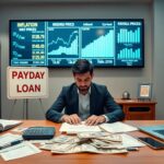 A man in a suit sits at a desk with cash, documents, and a calculator, in an office displaying payday loan signs and financial charts on inflation, with shelves of groceries in the background.