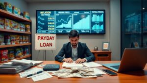 A man in a suit sits at a desk with cash, documents, and a calculator, in an office displaying payday loan signs and financial charts on inflation, with shelves of groceries in the background.