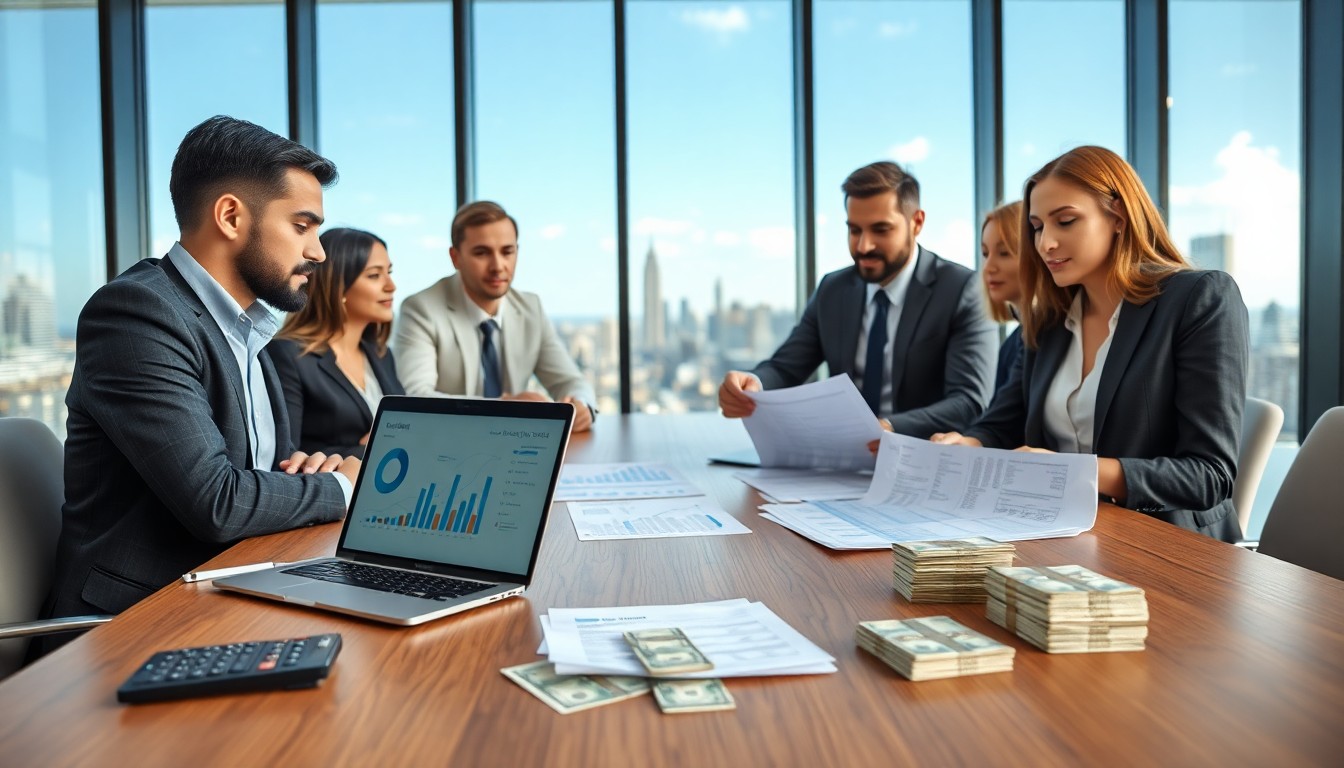 A group of business professionals sit around a conference table with financial documents, a laptop displaying charts, a calculator, and stacks of investment capital, with large windows showing a city skyline in the background.