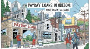 A street scene in Oregon features a payday loan shop, various buildings, pedestrians walking, and a sign reading "Payday Loans: Your Essential Guide" against a backdrop of hills and the vibrant Oregon cityscape.