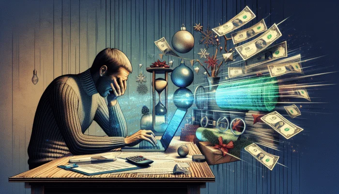 A man sits at a desk with his hand on his face, looking stressed while using a laptop. Holiday ornaments and gifts are in the background, and dollar bills are flying out from the computer screen—highlighting Christmas money stress and smart strategies like payday loans.