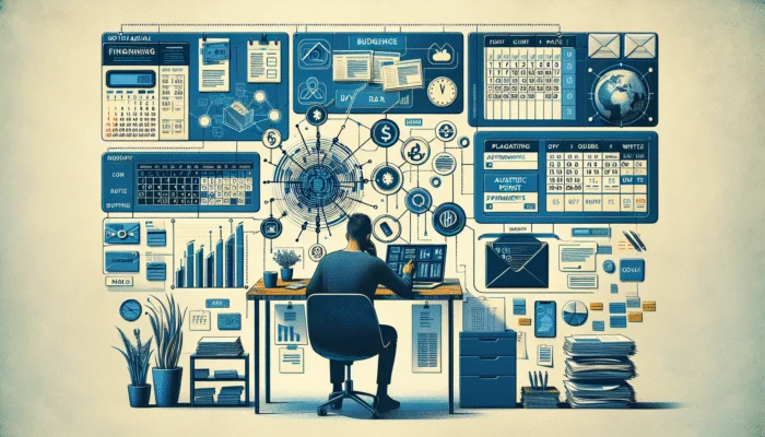 Person at desk planning loan repayment with calendar, budget sheets, and laptop showing automatic payment options.