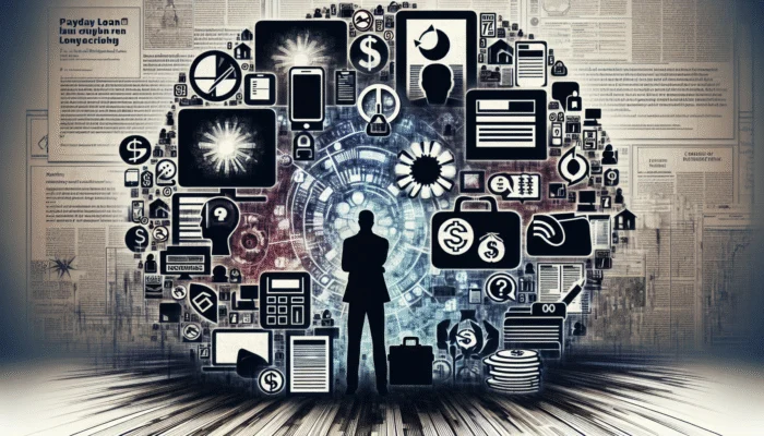 Infographic showing payday loan borrower complaints, frustration, and financial strain with scattered loan documents.