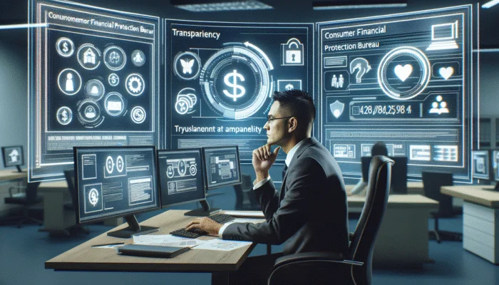 A CFPB agent monitors payday lending data on screens in an office, ensuring transparency and fairness.