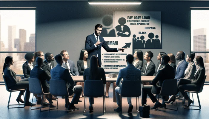 Financial advisor discussing payday loan complaints with borrowers, pointing at chart in conference room.