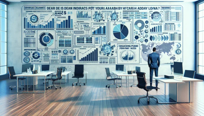 Indiana office with infographic on payday loan fees, charts, and person studying.