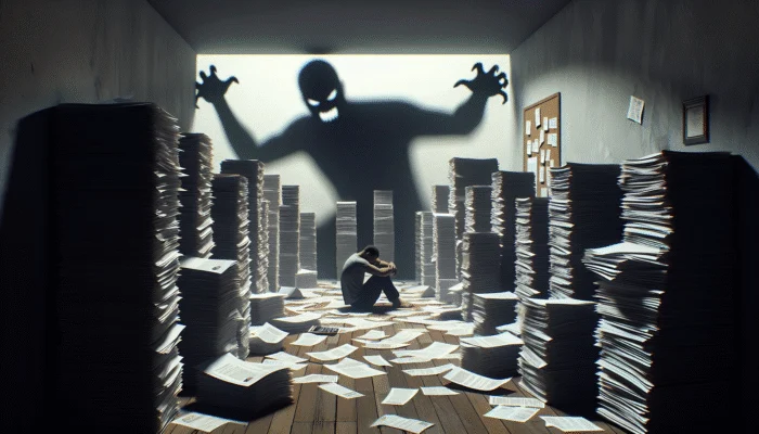 A distressed person overwhelmed by high payday loan fees and overdue bills in a dark room.