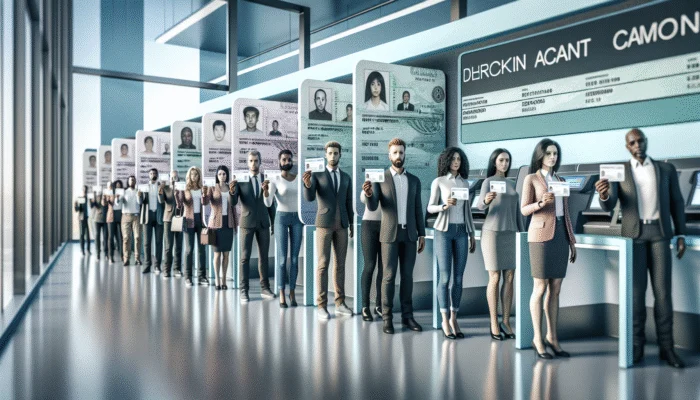 Diverse adults at a bank with IDs, checking statements, and employment documents.