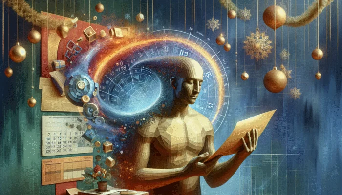 A person holding a payday loan document, relieved, with holiday decorations and a new year calendar in the background.